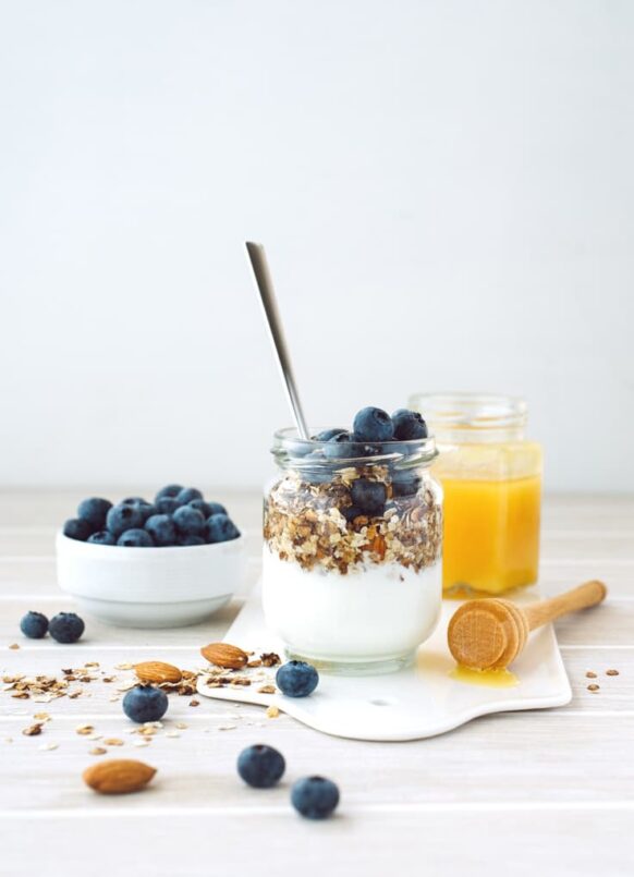 Breakfast, fresh fruit salad, orange juice